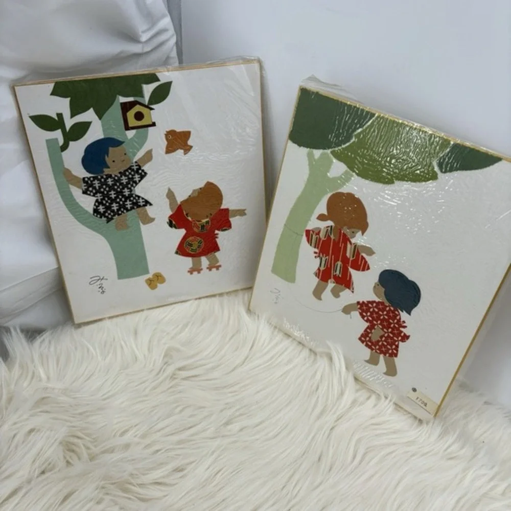 2 Vintage Asian Art Boards 9.5x10.5 Hand made Children At‎ Play Signed Numbered